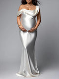 Momyraise Umstandskleider Schlank Satin Elegant Abend Braut Fotoshooting Babybauch Shooting Kleider