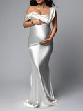 Momyraise Umstandskleider Schlank Satin Elegant Abend Braut Fotoshooting Babybauch Shooting Kleider