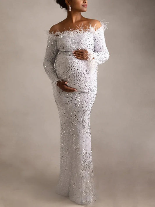 Momyraise Umstandskleider Fischschwanz Feder Pailletten Bandeau Schulterfreie Elegant Abend Ball Braut Fotoshooting Babybauch