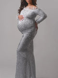 Momyraise Umstandskleider Fischschwanz Feder Pailletten Bandeau Schulterfreie Elegant Abend Ball Braut Fotoshooting Babybauch