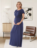 Momyraise Umstandskleider Rüschen Volants Boot-Ausschnitt Elegant Beiläufige Mode Fotoshooting Babybauch Shooting