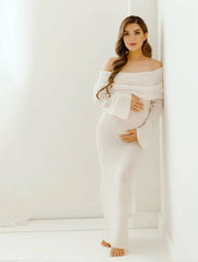 Momyraise Fotoshooting Umstandskleider Enges Volltonfarbe Baumwolle Knit Schulterfrei Langarm Elegant Ausgehabend Strand Ferien