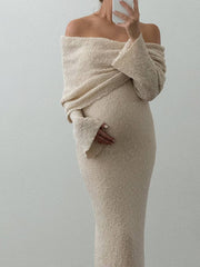 Momyraise Fotoshooting Umstandskleider Enges Volltonfarbe Baumwolle Knit Schulterfrei Langarm Elegant Ausgehabend Strand Ferien