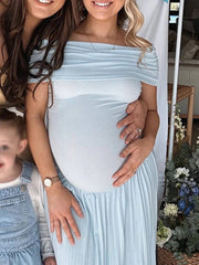 Momyraise Umstandskleider Raffungen Plissee Schulterfreie Kurzärm Elegant Täglich Ausgehabend Babybauch Shooting