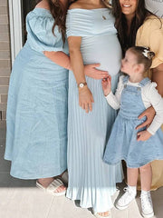 Momyraise Umstandskleider Raffungen Plissee Schulterfreie Kurzärm Elegant Täglich Ausgehabend Babybauch Shooting