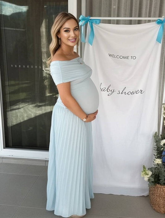 Momyraise Umstandskleider Raffungen Plissee Schulterfreie Kurzärm Elegant Täglich Ausgehabend Babybauch Shooting