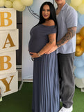 Momyraise Umstandskleider Raffungen Plissee Schulterfreie Kurzärm Elegant Täglich Ausgehabend Babybauch Shooting