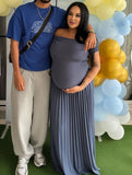 Momyraise Umstandskleider Raffungen Plissee Schulterfreie Kurzärm Elegant Täglich Ausgehabend Babybauch Shooting