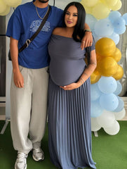 Momyraise Umstandskleider Raffungen Plissee Schulterfreie Kurzärm Elegant Täglich Ausgehabend Babybauch Shooting