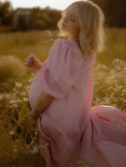Momyraise Umstandskleider Rüschen Volants Quadratischem Kragen Puffärmel Kurzärm Lose Süße Abend Fotoshooting Babybauch Kleider