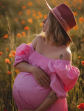 Momyraise Umstandskleider Rüschen Volants Quadratischem Kragen Puffärmel Kurzärm Lose Süße Abend Fotoshooting Babybauch Kleider