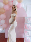Momyraise Umstandskleider Dünn Volltonfarbe Rüschen Volants Schulterfreie Ärmellos Elegant Ausgehabend Ball