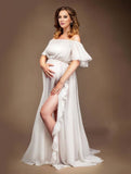 Momyraise Umstandskleider Chiffon Seitenschlitz Schulterfreie Elegant Ausgehabend Strand Babybauch Shooting