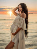 Momyraise Umstandskleider Chiffon Seitenschlitz Schulterfreie Elegant Ausgehabend Strand Babybauch Shooting