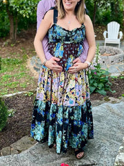 Momyraise Umstandskleider Blumendruc Geblümt Volants Knoten Bandeau Spaghettiträger Ärmellos Boho Vintage Abend Strand