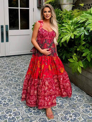 Momyraise Umstandskleider Blumendruc Geblümt Volants Knoten Bandeau Spaghettiträger Ärmellos Boho Vintage Abend Strand