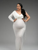 Momyraise Umstandskleider Schlank Stretchstoffe One Shoulder V-Ausschnitt Langarm Elegant Abend Fotoshooting Maxi Kleider