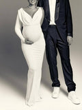 Momyraise Umstandskleider Schlank Stretchstoffe One Shoulder V-Ausschnitt Langarm Elegant Abend Fotoshooting Maxi Kleider