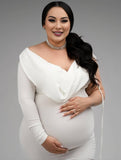 Momyraise Umstandskleider Schlank Stretchstoffe One Shoulder V-Ausschnitt Langarm Elegant Abend Fotoshooting Maxi Kleider