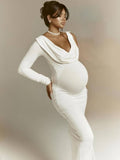 Momyraise Umstandskleider Schlank Stretchstoffe One Shoulder V-Ausschnitt Langarm Elegant Abend Fotoshooting Maxi Kleider