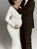 Momyraise Umstandskleider Schlank Stretchstoffe One Shoulder V-Ausschnitt Langarm Elegant Abend Fotoshooting Maxi Kleider