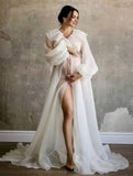 Momyraise Umstandskleider Chiffon Schlitz Rüschen Tiefer V-Ausschnitt Laternenhülse Langarm Elegant Babybauch Shooting