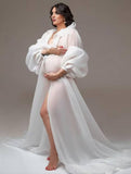 Momyraise Umstandskleider Chiffon Schlitz Rüschen Tiefer V-Ausschnitt Laternenhülse Langarm Elegant Babybauch Shooting