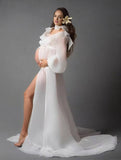 Momyraise Umstandskleider Chiffon Schlitz Rüschen Tiefer V-Ausschnitt Laternenhülse Langarm Elegant Babybauch Shooting