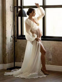 Momyraise Umstandskleider Chiffon Schlitz Rüschen Tiefer V-Ausschnitt Laternenhülse Langarm Elegant Babybauch Shooting