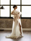 Momyraise Umstandskleider Chiffon Schlitz Rüschen Tiefer V-Ausschnitt Laternenhülse Langarm Elegant Babybauch Shooting