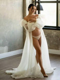 Momyraise Umstandskleider Chiffon Schlitz Rüschen Tiefer V-Ausschnitt Laternenhülse Langarm Elegant Babybauch Shooting