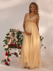 Momyraise Umstandskleider Pailletten Mesh Tiefe V Ärmellos Elegant Mode Abend Ball Babybauch Shooting für Schwangere