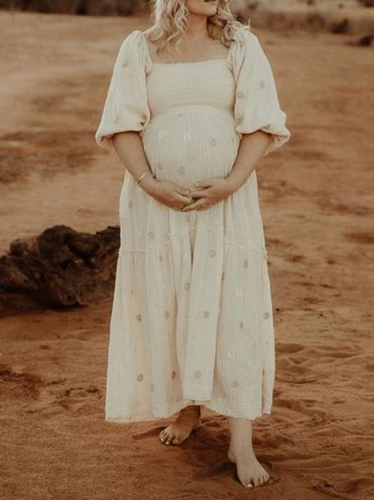Momyraise Umstandskleid Raffungen Geblümt Boot-Ausschnitt Puffärmel Kurzärm Süße Boho Ferien Fotoshooting Für Schwangerschaft