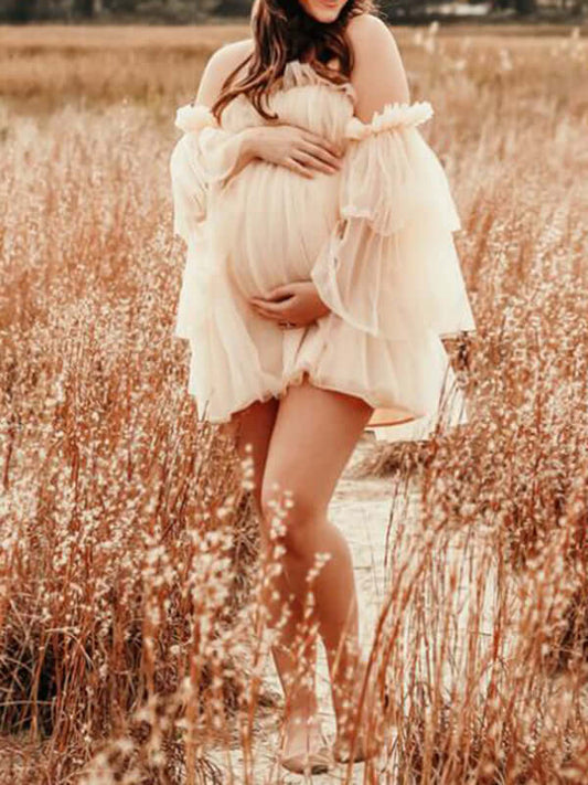 Momyraise Umstandskleider Rückenfrei Schulterfreie Boot-Ausschnitt Langarm Lässig Süße Fotoshooting Für Schwangerschaft