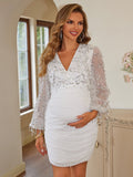 Momyraise Umstandskleider Schlank Mesh Pailletten V-Ausschnitt Laternenhülse Langarm Elegant Braut Babybauch Shooting
