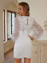 Momyraise Umstandskleider Schlank Mesh Pailletten V-Ausschnitt Laternenhülse Langarm Elegant Braut Babybauch Shooting