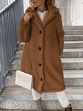 Momyraise Teddy Plüsch Mäntel Schlank Einreiher Taschen Revers Langarm Elegant Mode Flauschig Umstandsmode Lange Jacke Mantel