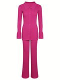 Momyraise Volltonfarbe Langarmknopf Gerippter Cardigan Und Strickhose Schlank Elegant Mode Umstandsmode Zweiteilige Anzüge