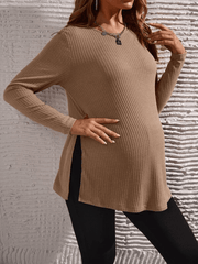 Momyraise Umstandsmode Volltonfarbe Rippenstrick Seitenschlitz Rundhals Langarm Täglich Lässig Mode Pullover Damenoberteile