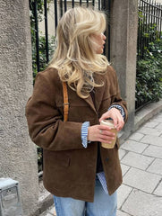 Momyraise Damenjacke Blazer Velours Wildleder Einreiher Taschen Langarm Elegant Vintage Beiläufige Mode Oversize Lässig Mäntel